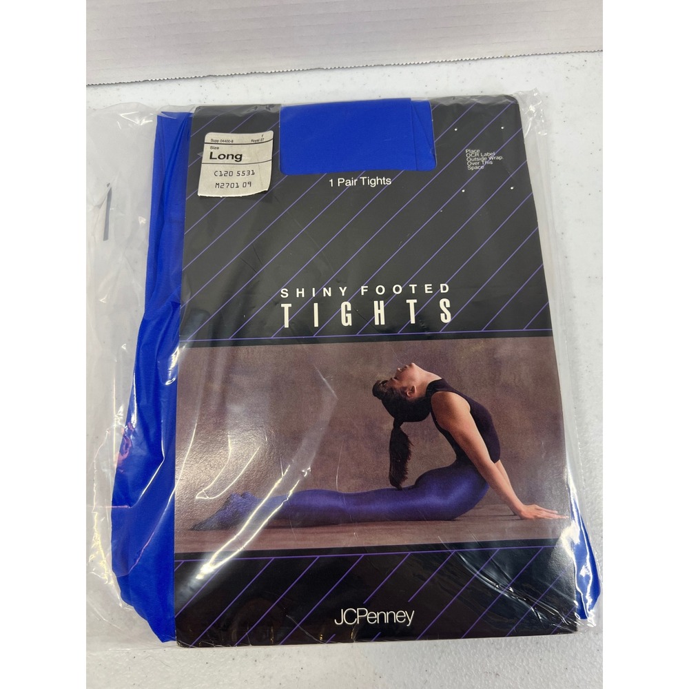 Vintage JCPenney Shiny Footed Tights Royal Blue Size Long Made in USA Deadstock
